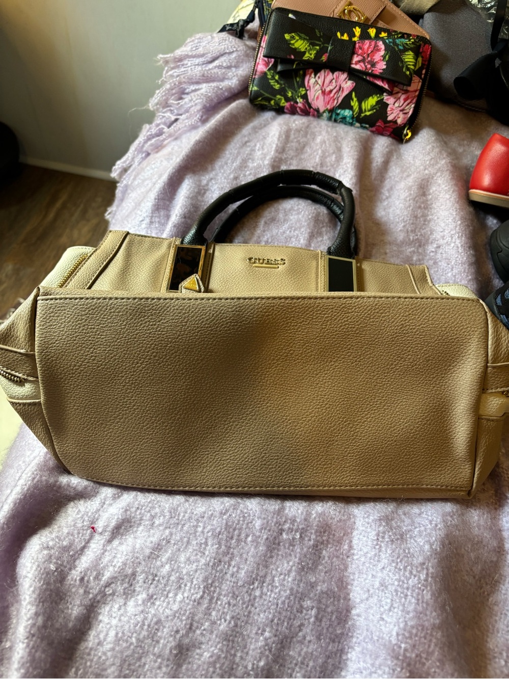 Guess Beige Satchel with Black Handles and Gold Hardware